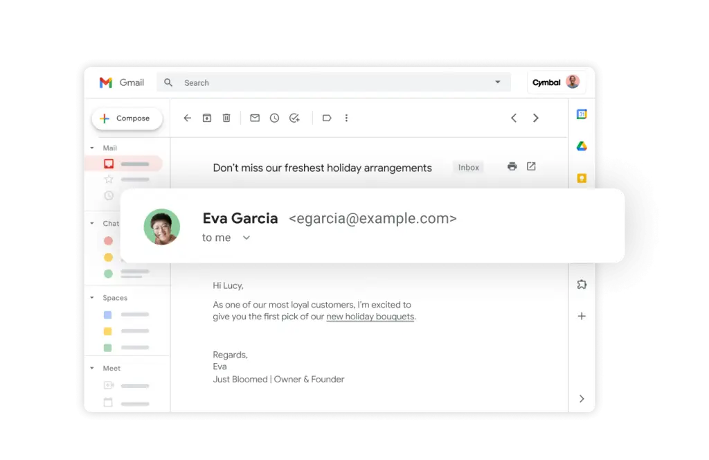 หน้าจอ Gmail ของ Google Workspace ในชื่อโดเมนบริษัท