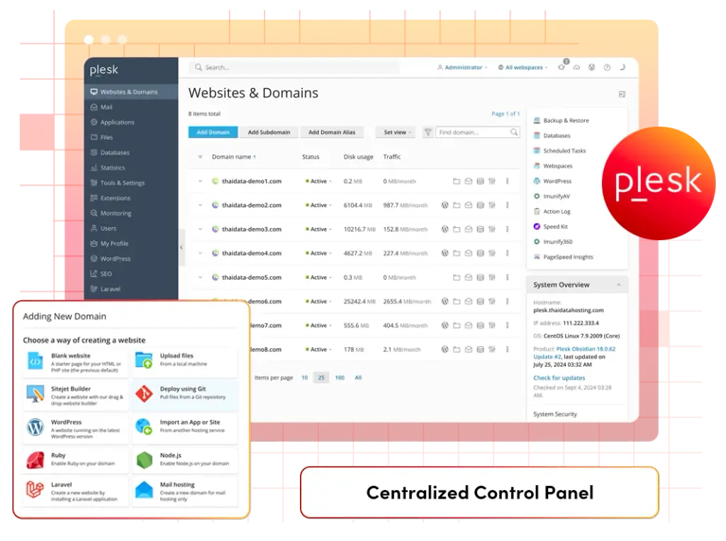 หน้าจอ Plesk Control Panel สำหรับจัดการเว็บไซต์ ฐานข้อมูล และอีเมลบน Private Hosting