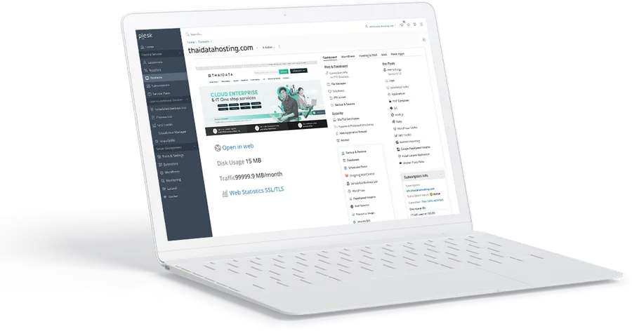 หน้าจอ Plesk Control Panel บน Cloud Windows Hosting สำหรับจัดการเว็บ ASP.NET และฐานข้อมูล